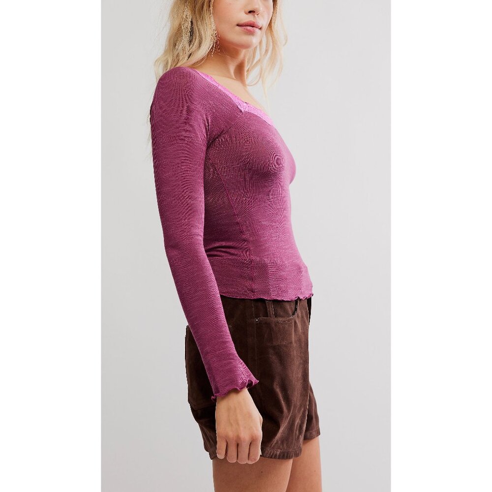 Free People Raspberry Ribbed Long Sleeve Lace-Trim Top - Picture 5 of 6